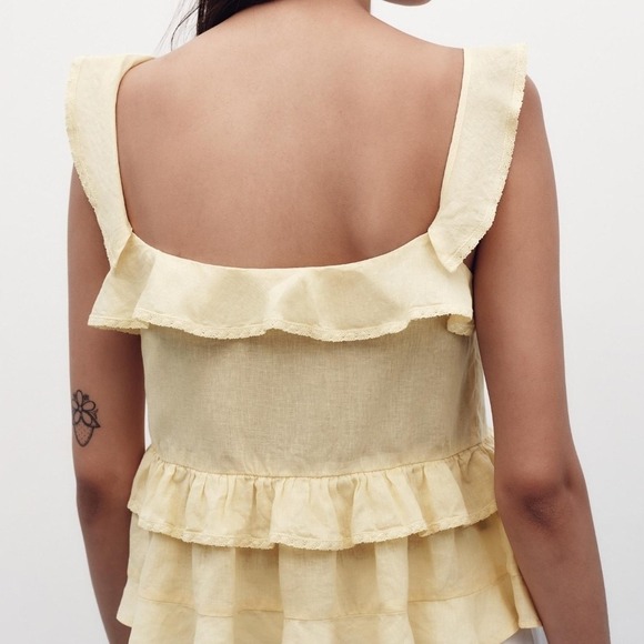 Zara Pale Yellow Ruffled Linen Blend Tie Front Lace Trim Camisole Top - Picture 7 of 10